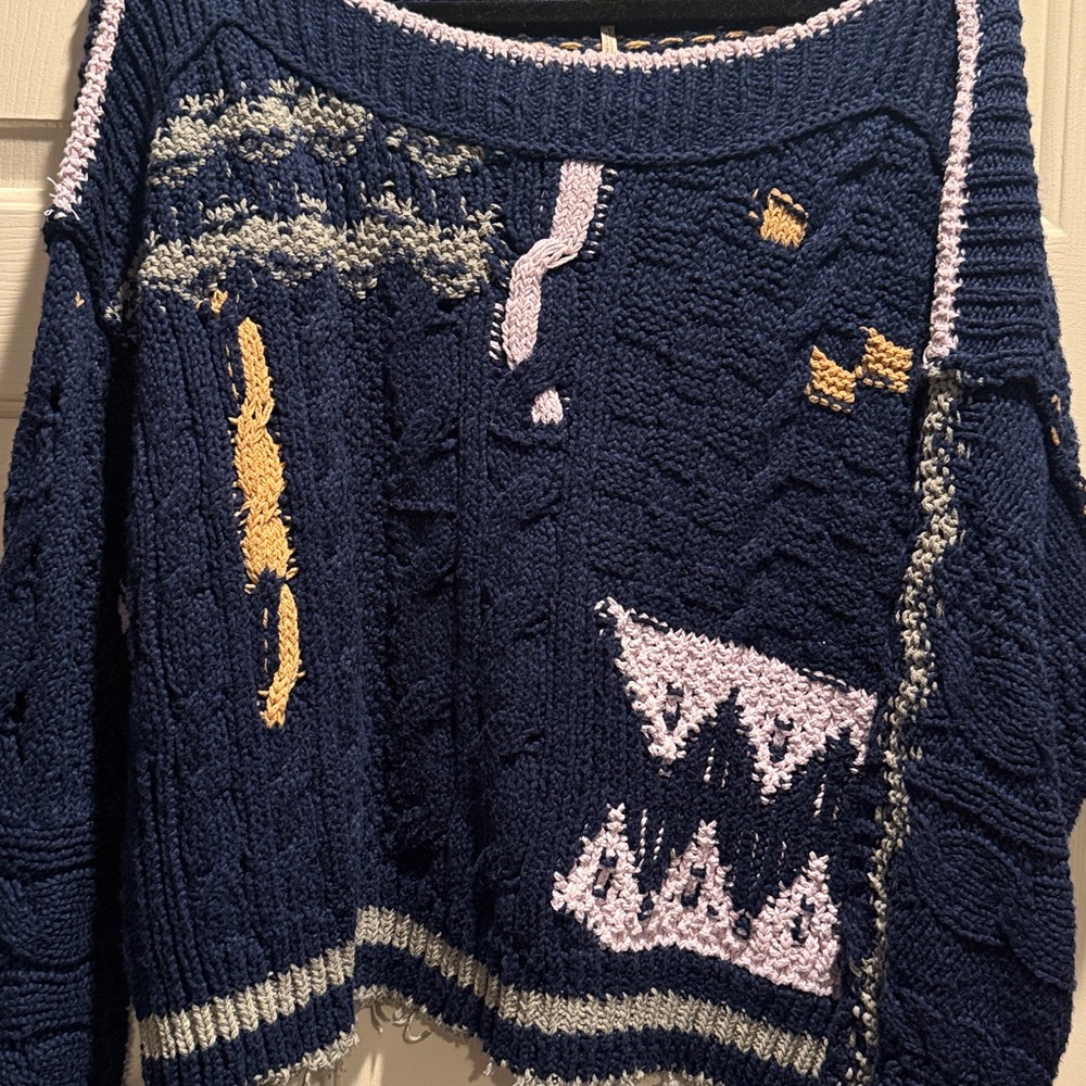 Free People Navy and Pink Patterned Sweater - Picture 2 of 5